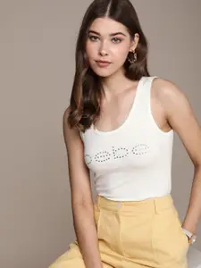 bebe Women Egret Essential Brand Logo Printed Sleeveless T-shirt With Beads Detail