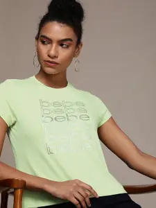 bebe Women Lily Green Essential Brand Logo Printed Casual T-shirt