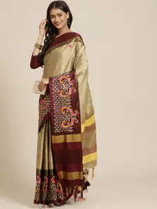 SERONA FABRICS Beige & Maroon Ethnic Motifs Sequinned Silk Cotton Saree
