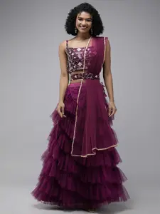 DIVASTRI Purple Layered Semi-Stitched Lehenga & Embroidered Unstitched Blouse With Dupatta