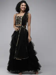 DIVASTRI Black  Layered Semi-Stitched Lehenga & Embroidered Unstitched Blouse With Dupatta