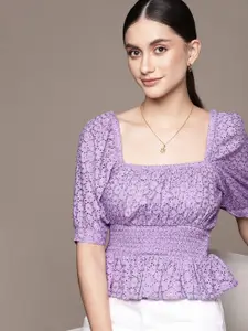 bebe Soft Lavender Season Staple Schiffli Embroidered Cinched Waist Top