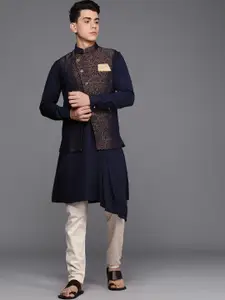 Manyavar Men Navy Blue Solid Pleated Kurta with Pyjamas Printed Nehru Jacket