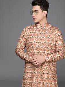 Manyavar Men Off White & Orange Ethnic Motifs Printed Kurta