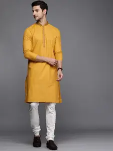 Manyavar Men Mustard Yellow Thread Work Kurta with Churidar