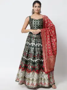 DIVASTRI Green & Red Semi-Stitched Lehenga & Unstitched Blouse With Dupatta