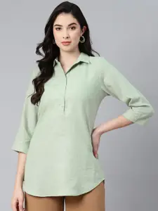 Ayaany Women Green Solid Pure Cotton Longline Top
