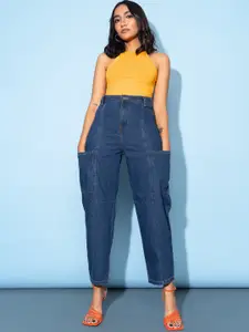 FREAKINS Women Stunning Blue High-Rise Relaxed Fit Cropped Jeans