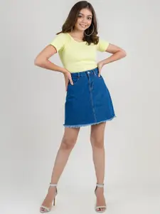FREAKINS Women Blue Solid Pure Cotton Denim A-Line Mini Skirt