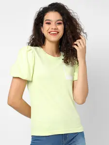 Campus Sutra Women Green Printed Pure Cotton Top