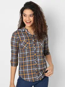 Campus Sutra Women Brown Classic Tartan Checked Casual Shirt