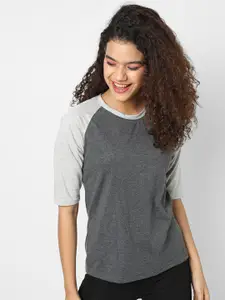 Campus Sutra Charcoal Colourblocked Pure Cotton Top