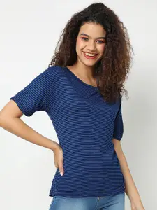 Campus Sutra Blue Striped Pure Cotton Regular Top