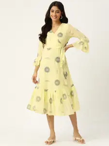 Deewa Yellow & Black Printed Midi A-Line Dress