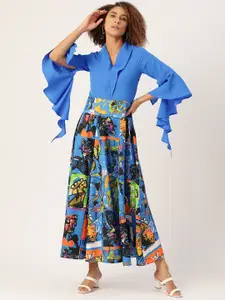 Deewa Blue & Black Crepe A-Line Maxi Dress