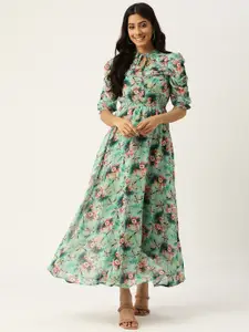 Deewa Green & Pink Floral Print Tie-Up Neck A-Maxi Dress