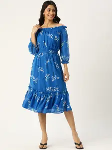 Deewa Blue & White Floral Off-Shoulder Georgette A-Line Dress