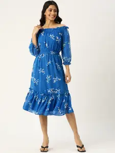 Deewa Blue & White Floral Off-Shoulder Georgette A-Line Dress
