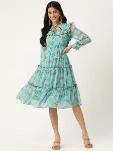 Deewa Turquoise Blue & Pink Floral Print Tie-Up Neck Tiered Dress