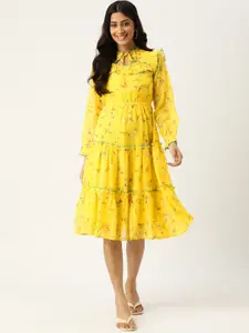 Deewa Yellow & Green Floral Tie-Up Neck Georgette A-Line Dress