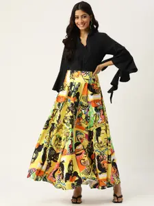 Deewa Yellow & Black Printed Maxi Dress