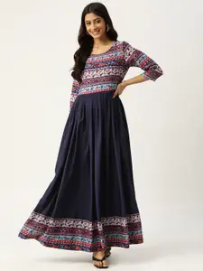 Deewa Navy Blue & Red Ethnic Motifs Print Maxi Dress
