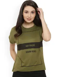 Campus Sutra Women Olive Green Print Extended Sleeves Pure Cotton Top