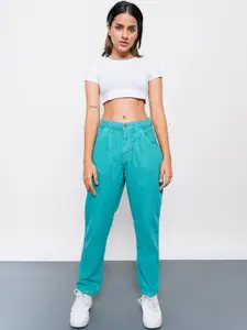 FREAKINS Women Turquoise Blue High-Rise Tapered Fit Jeans