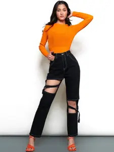 FREAKINS Women Stylish Black High-Rise Straight Fit Cropped Jeans