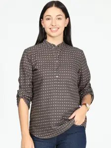 IDK IDK Brown Geometric Print Mandarin Collar Roll-Up Sleeves Shirt Style Top
