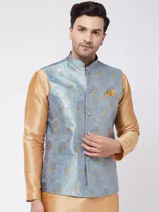 VASTRAMAY Men Blue & Grey Woven Design Silk Blend Nehru Jacket