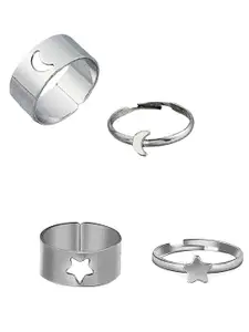 Vembley Women Combo of 4 Silver-Plated Star and Half Moon Double Rings