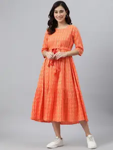 Janasya Cotton Woven Design Tiered Dress