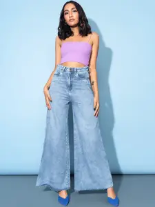 FREAKINS Women Stunning Blue High-Rise Flared Fit Cropped Jeans