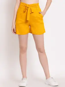 PATRORNA Women Mustard Yellow High-Rise Antimicrobial Shorts With Belt