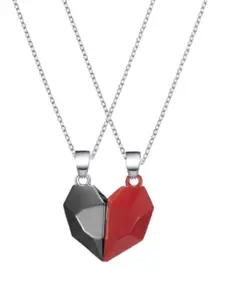 OOMPH Set Of 2 Silver-Toned Red & Black  Magnetic Heart Couple Pendants