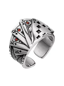 OOMPH Men Silver-Toned Poker Engraved Stainless Steel Ring