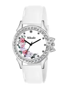 Mikado Women Steel-Toned Brass Embellished Dial & White Leather Wrap Around Straps Analogue Watch