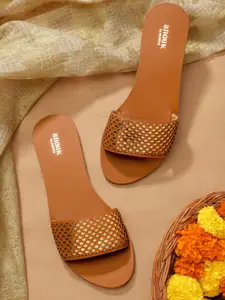 Anouk Women Tan Brown Textured Open Toe Flats