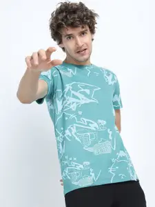 HIGHLANDER Men Teal Printed Slim Fit T-shirt