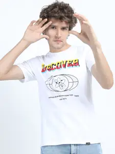 HIGHLANDER Men White & Black Typography Printed Slim Fit Cotton T-shirt