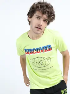 HIGHLANDER Men Lime Green Typography Printed Cotton Slim Fit T-shirt