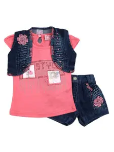 V-Mart Girls Pink & Blue Printed Top with Shorts