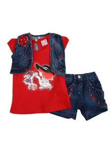 V-Mart Girls Red & Blue Printed T-shirt and Jacket with Shorts