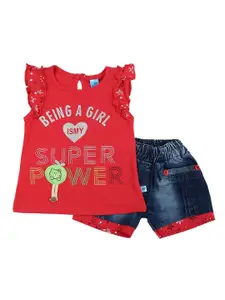 V-Mart Girls Red & Blue Printed Top with Shorts