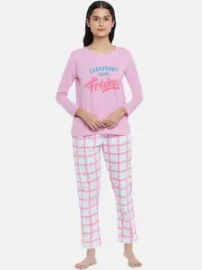 Dreamz by Pantaloons Women Pink & Blue Printed Pure Cotton Night suit