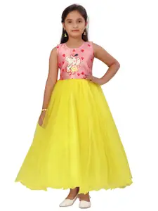 Aarika Girls Yellow & Pink Graphic Printed Net Maxi Dress