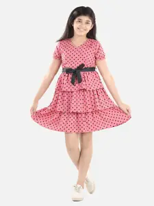 StyleStone Girls Pink Polka Dot Printed Tiered Crepe Dress