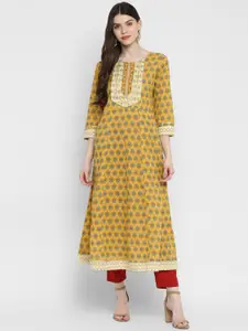 Vbuyz Women Yellow Ethnic Motifs Printed Thread Work Kurta