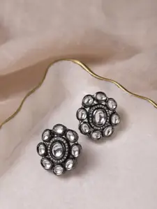Ruby Raang Black & Silver-Plated Circular Kundan Studs Earrings